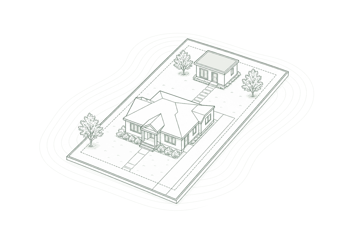 Axonometric illustration of a detached accessory dwelling unit in the rear yard of a primary single-family house on a residential lot.